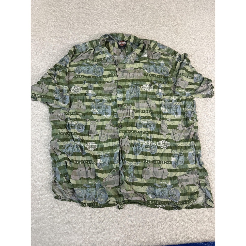 Harley-Davidson Shirt Mens 2XL‎ Green Motorcycle Print Short Sleeve Button Up